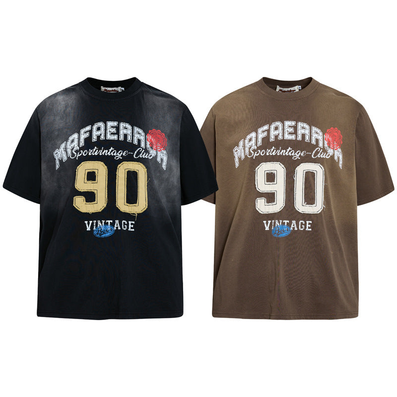 Retro T-shirt met spuitverf borduurwerk en korte mouwen