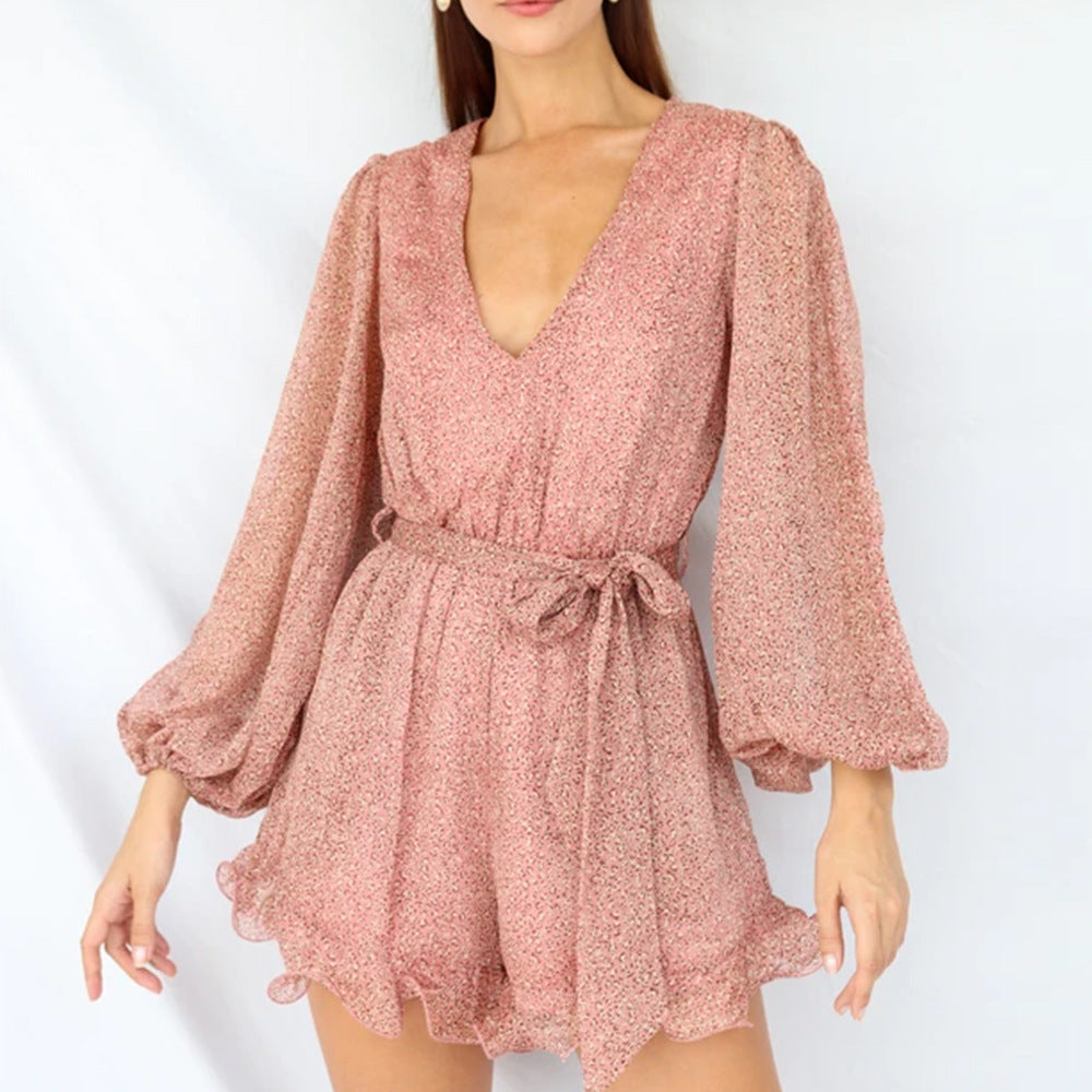 Geplooide jumpsuit met print ruches en pofmouwen