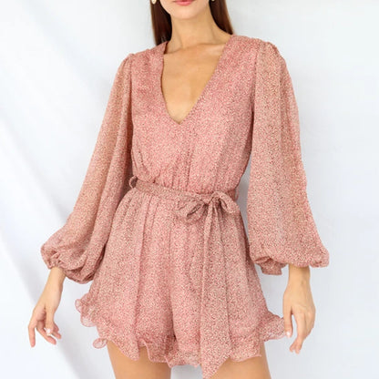 Geplooide jumpsuit met print ruches en pofmouwen