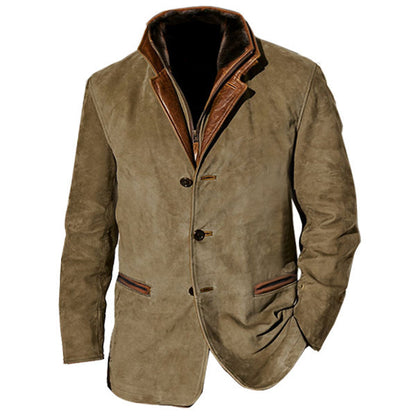 Men's Retro Color Block Stitching Casual Jacket Lapel Long Sleeve Outerwear