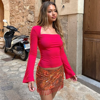 Sexy top met vierkante hals en wijde mouwen