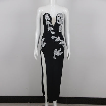 Women Summer Sexy Strapless Backless Sequin Split Black Maxi Long Bodycon Bandage Dress 2023 Elegant Evening Party Club Dresses
