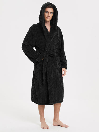 Warm Jacquard Cotton Velvet Couple Hooded Twist Nightgown Set