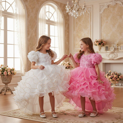 European and American Girls' Puff Short-Sleeved Dress with Three-Dimensional Flower Wedding Dress Children's Formal Dress Multi-Layered Cake Train Dress