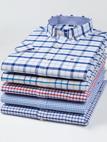 Men's 100% Cotton Plaid Short Sleeve Shirt Oxford Casual Square Collar
