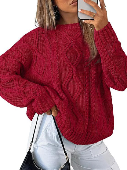 Women Solid Cable Knit Round Neck Pullover Sweater