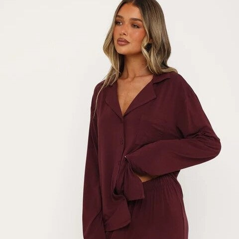 Women Modal Lapel Collar Long Sleeve Sleepwear Set