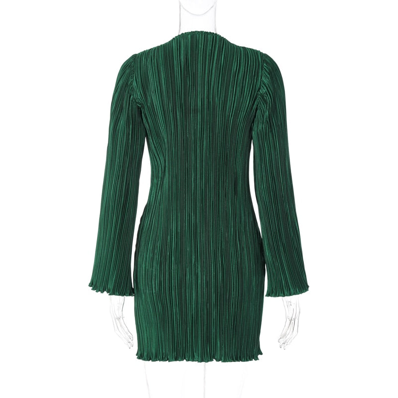 Hawthaw Elegante Lange Wijde Mouwen Geplisseerde Mini-jurk met Hoge Hals