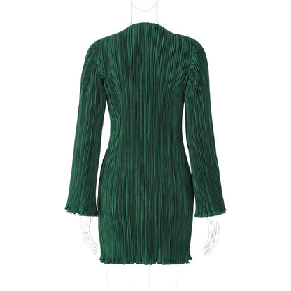 Hawthaw Elegante Lange Wijde Mouwen Geplisseerde Mini-jurk met Hoge Hals