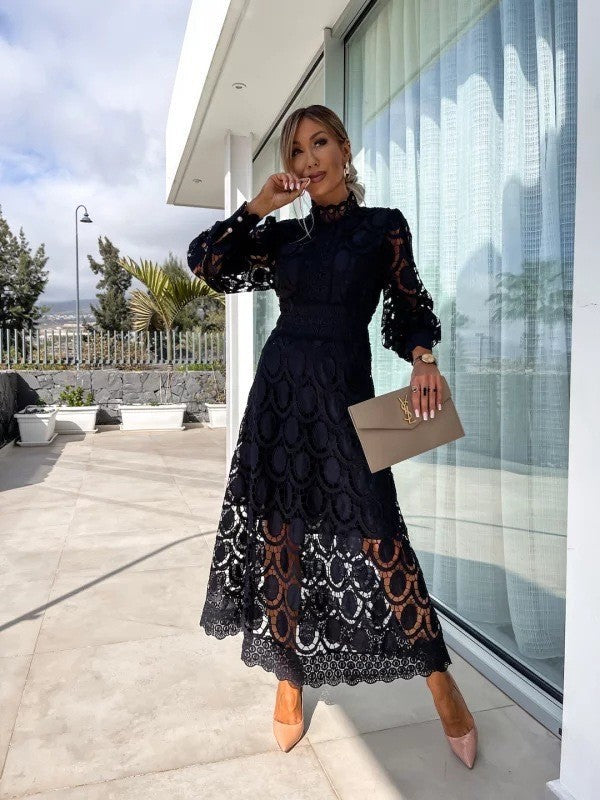 Lace Collar Puff Sleeve Slimming Long Dress