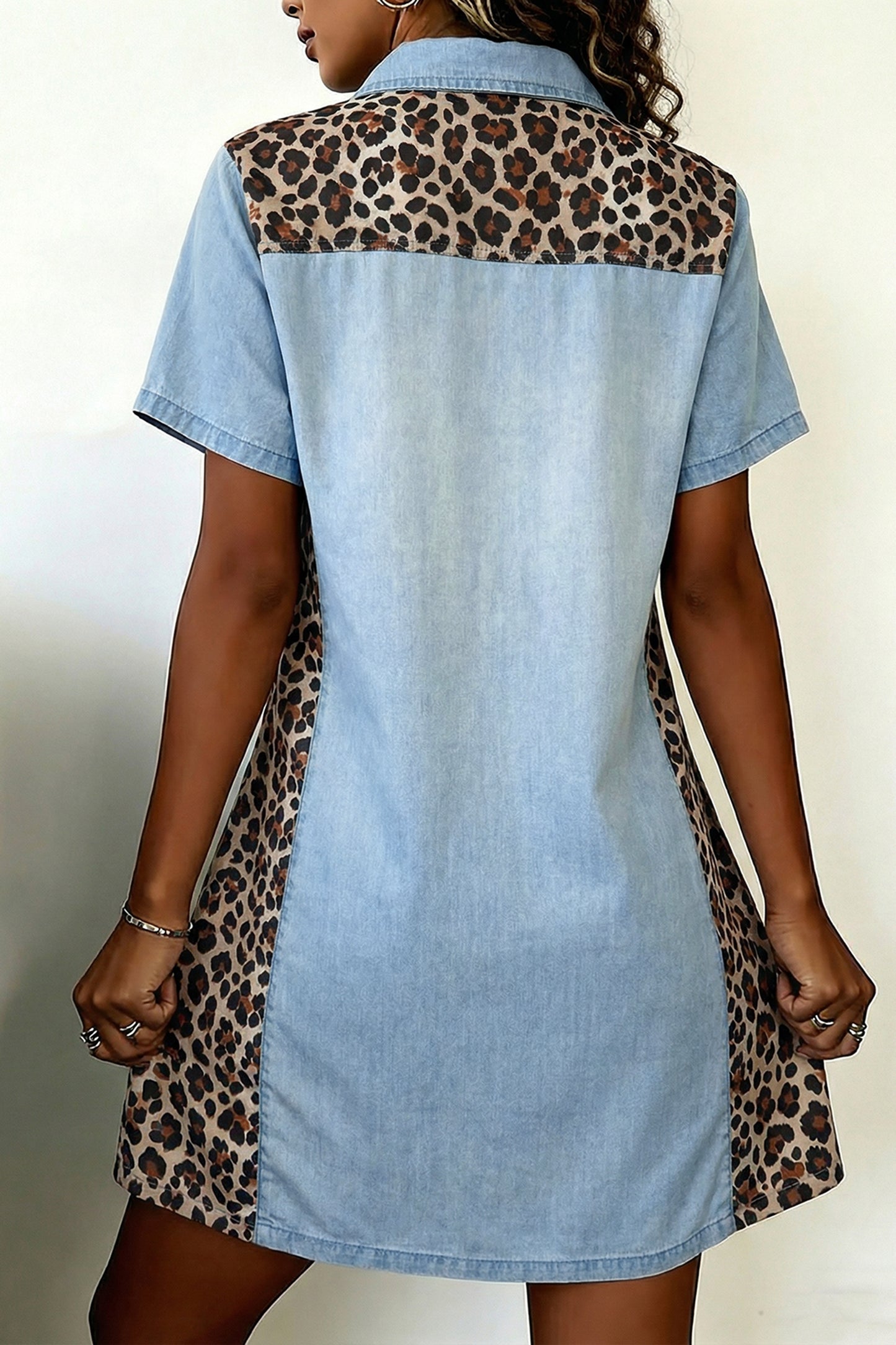 Myosotis Denim Color Block Leopard Patchwork Shirt Collar Mini-jurk