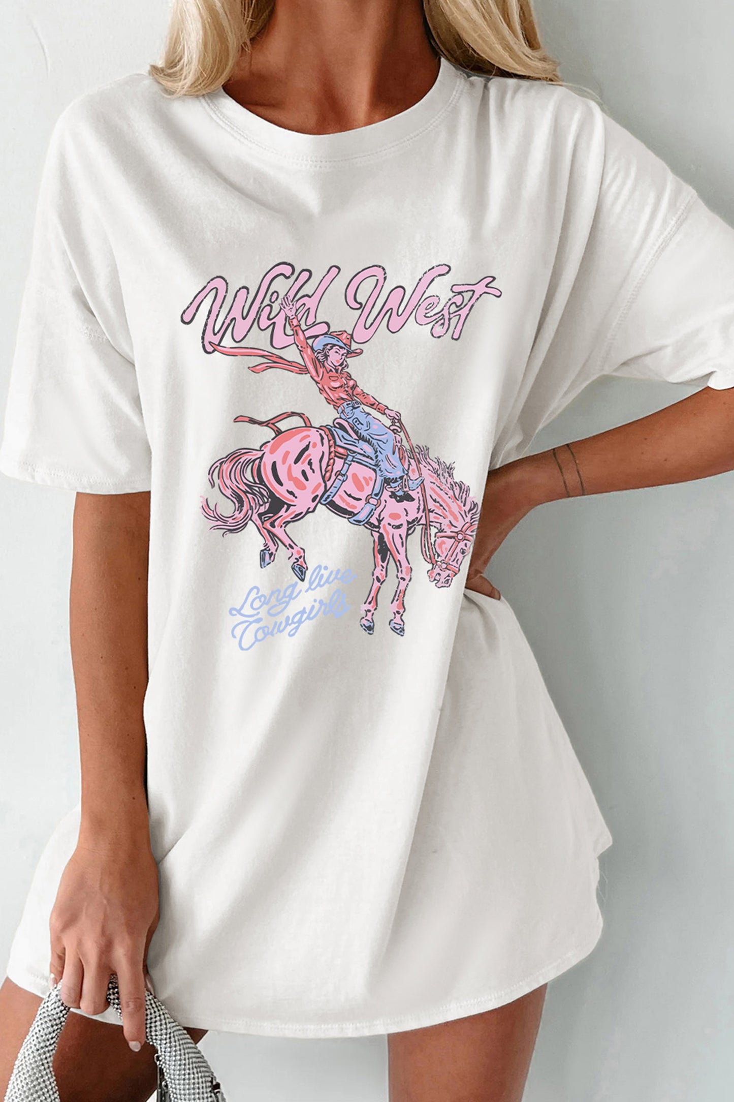 Witte Oversized Wild West Cowgirl Rodeo T-shirt met Grafische Print