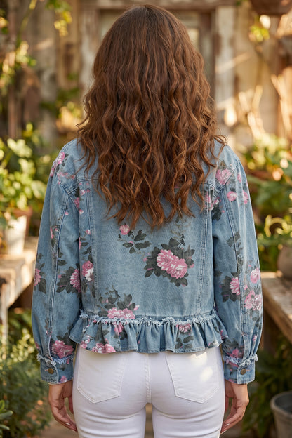 Denimjas met bloemenprint en ruches aan de zoom