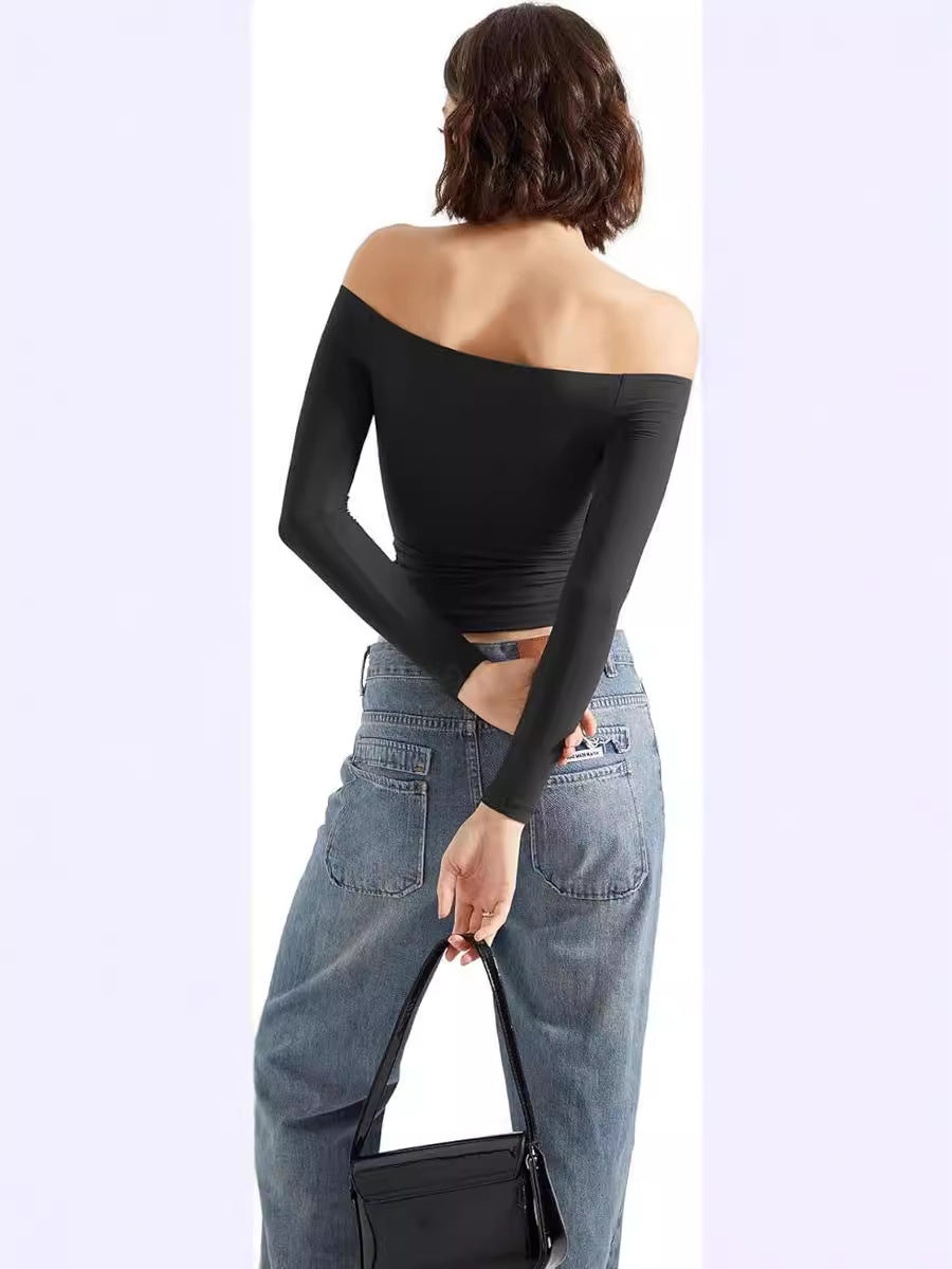 Women's Off-Shoulder Long Sleeve Crop Top Slim Fit Pullover