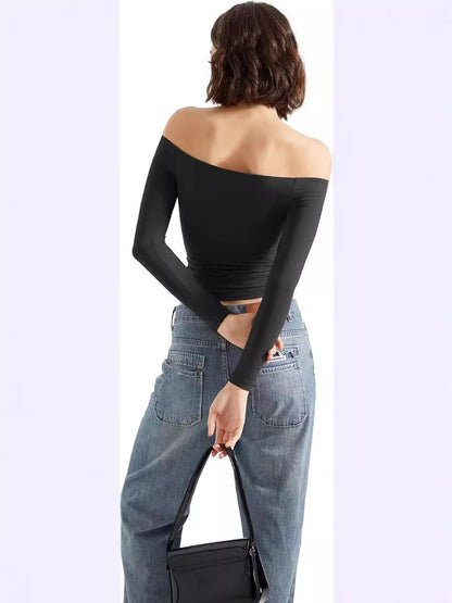 Women's Off-Shoulder Long Sleeve Crop Top Slim Fit Pullover