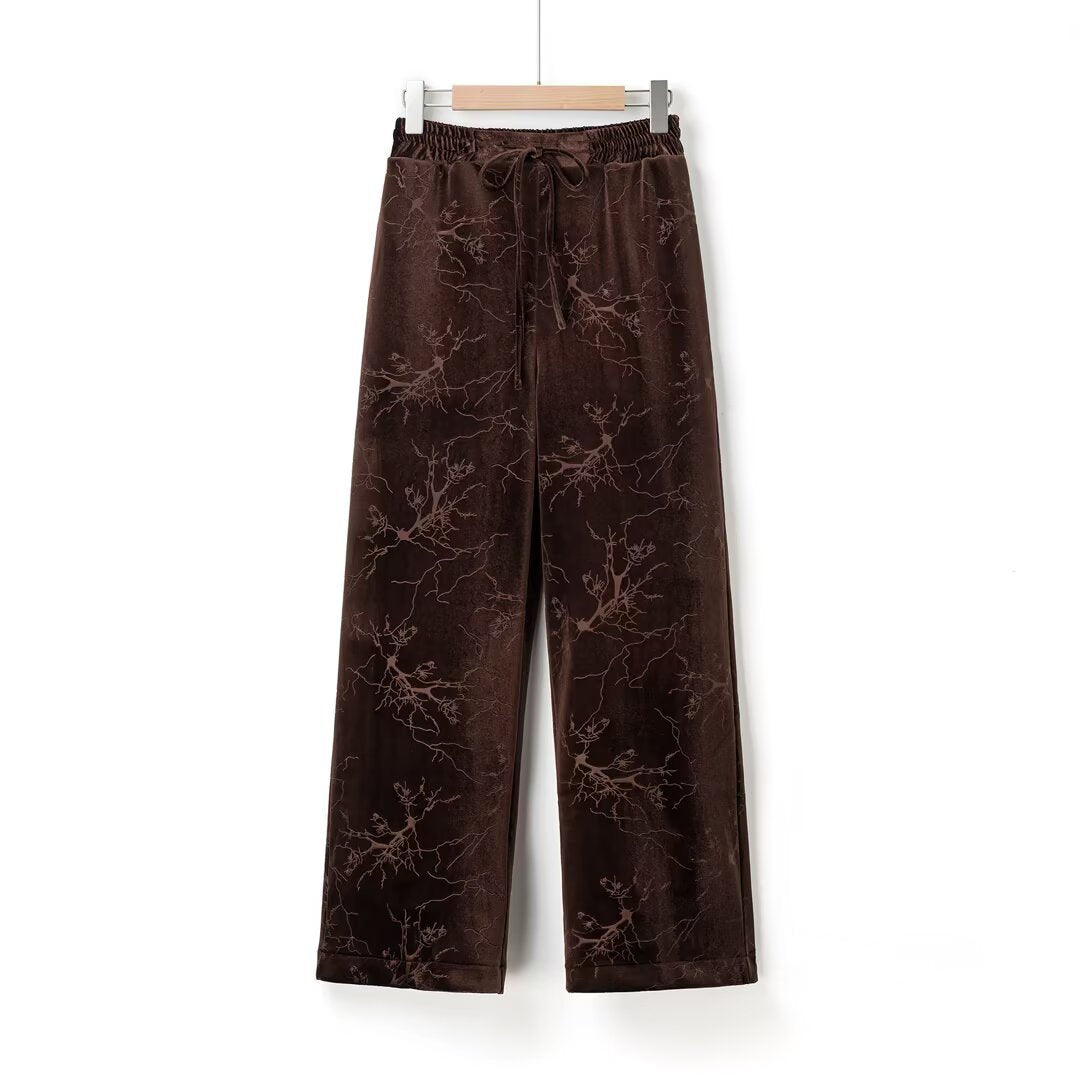Casual geborduurde fluwelen broek met rechte pijpen en trekkoord