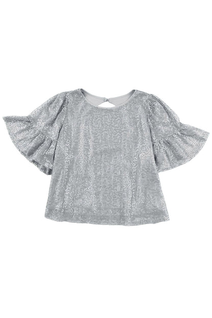 Grijze mesh blouse met ruchesmouwen en pailletten