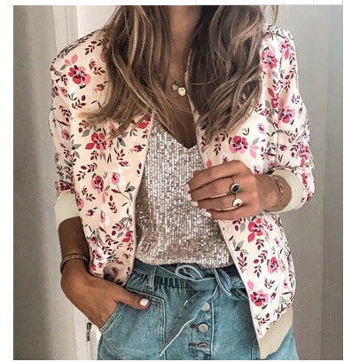 New Round Neck Print Fashion Zipper Jacket Coat Women