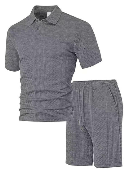 Mens Jacquard Lapel Polo Shirt Shorts Set