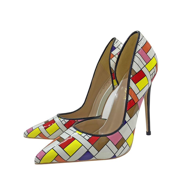Colored Plaid Empty High Heels Shoes 12cm Pointed Toe Stiletto Pumps