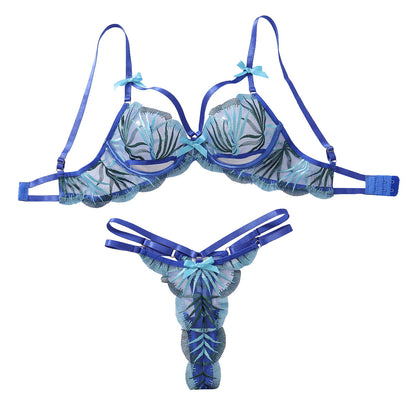 Thin embroidered sexy hollow out lingerie two-piece set for women