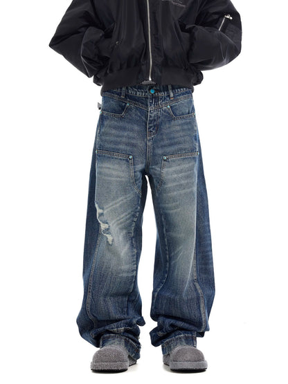 Style Unisex Water-Washed Ripple Distressed Blue Denim Pants, Patchwork Straight Leg Casual Jeans