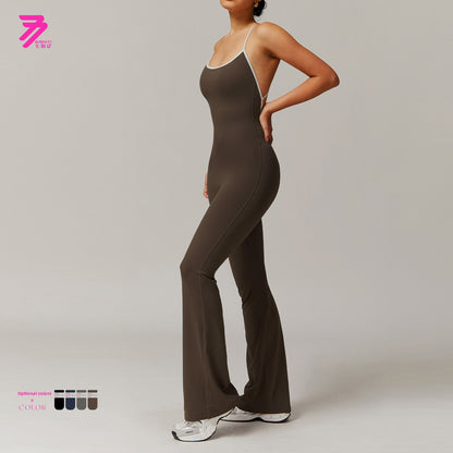 Womens Cross-Back Yoga Jumpsuit Flared Leggings