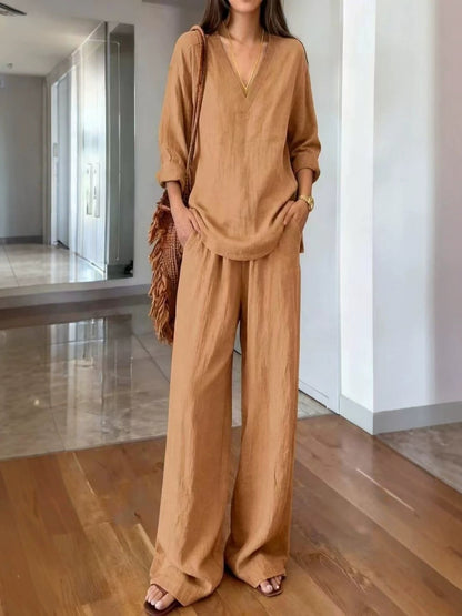 Women's V-Neck Linen Wide-Leg Two-Piece Set