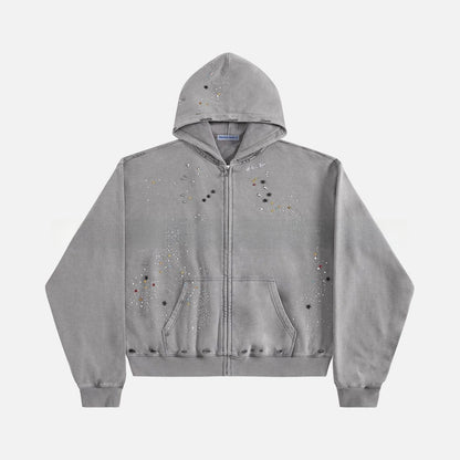 Rhinestone Hooded Sweatshirt Retro Washed Unisex