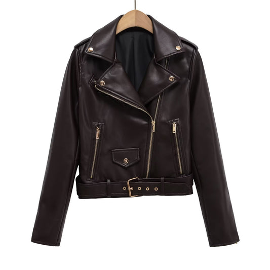 Imitatie leren bikerjack met asymmetrische ritssluiting en ceintuur voor dames