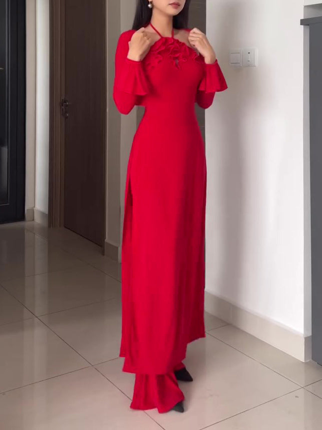 Driedelig rood geplooid halternek broekpak