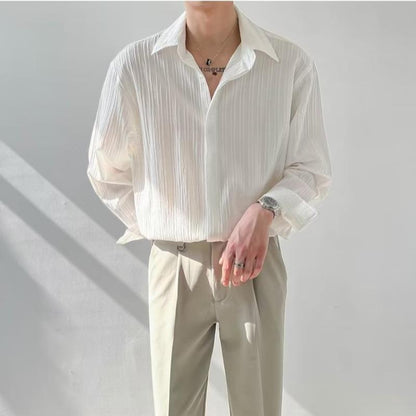 Textured Top Korean Style Loose Casual Long-Sleeved Shirt Men's Fashionable Handsome Striped Non-Ironing Shirt Autumn