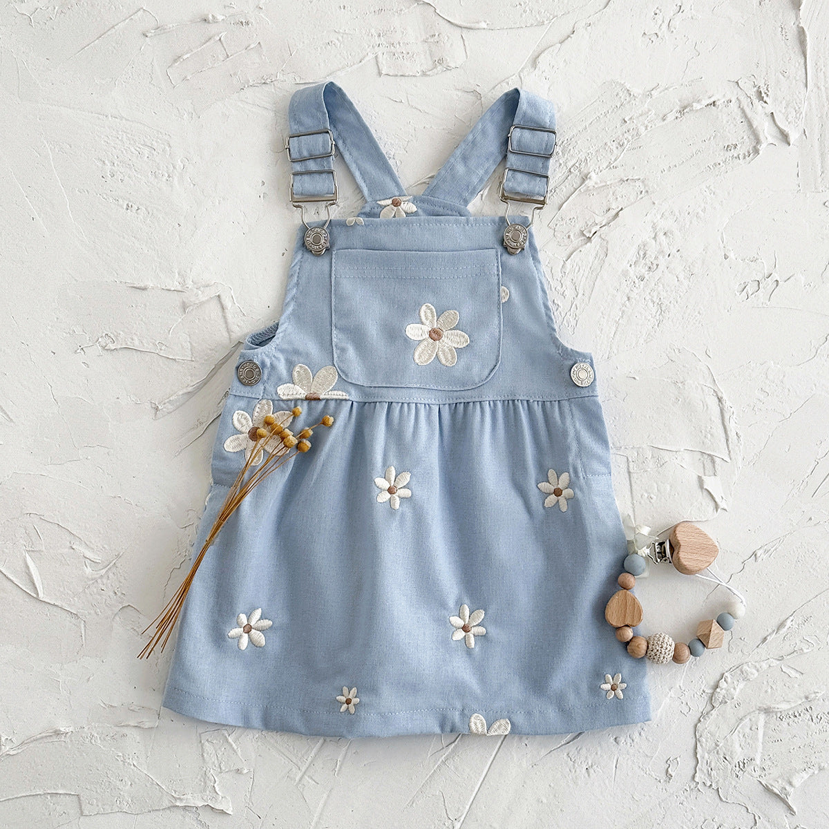 Cute Floral Embroidery Overall Dress Blue Princess Style