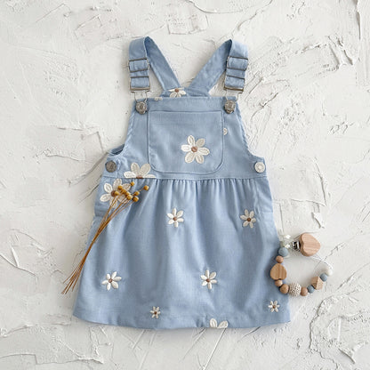 Cute Floral Embroidery Overall Dress Blue Princess Style