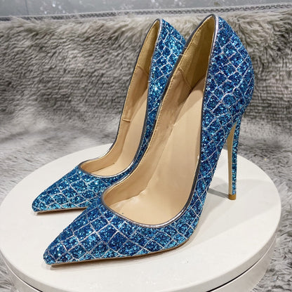 Damespumps met glitter pailletten krokodillenprint spitse neus en 8/10/12 cm hoge hakken