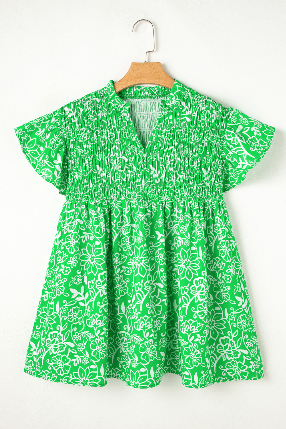 Groene blouse met bloemenprint en smockwerk in boho-stijl plus size