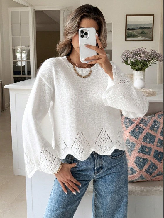 Womens Plus Size Sweater with Hollow Out Irregular Hem Round Neck Knit Top