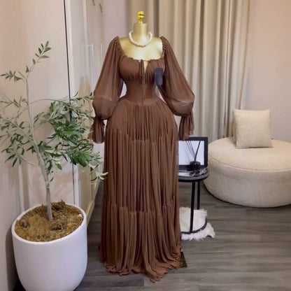 elegant lantern sleeve tie slim-fit pleated long dress