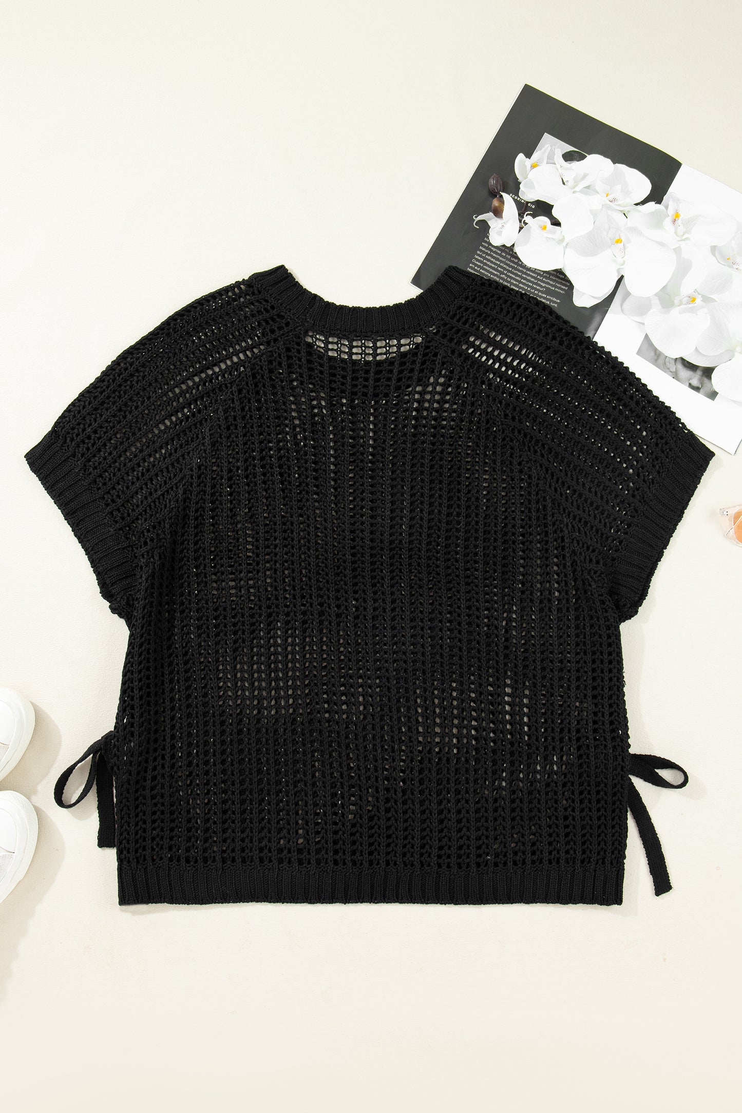 Plus size open gebreide trui met strik en korte mouwen