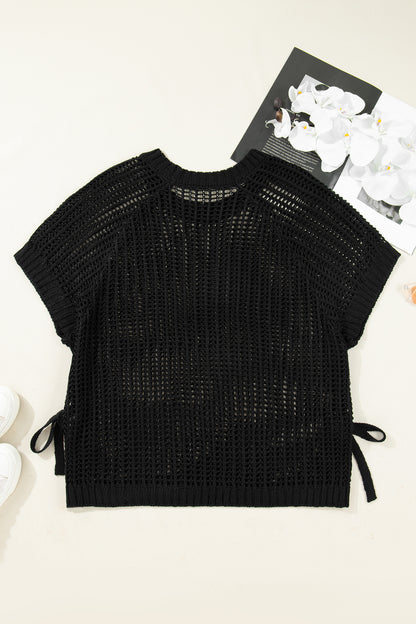 Plus size open gebreide trui met strik en korte mouwen