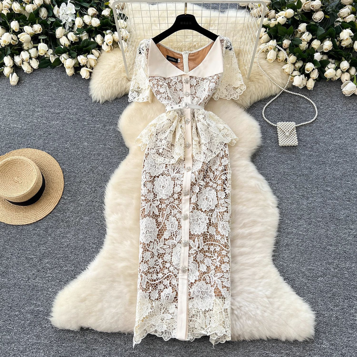 French-Style Hollow Lace Women Dress