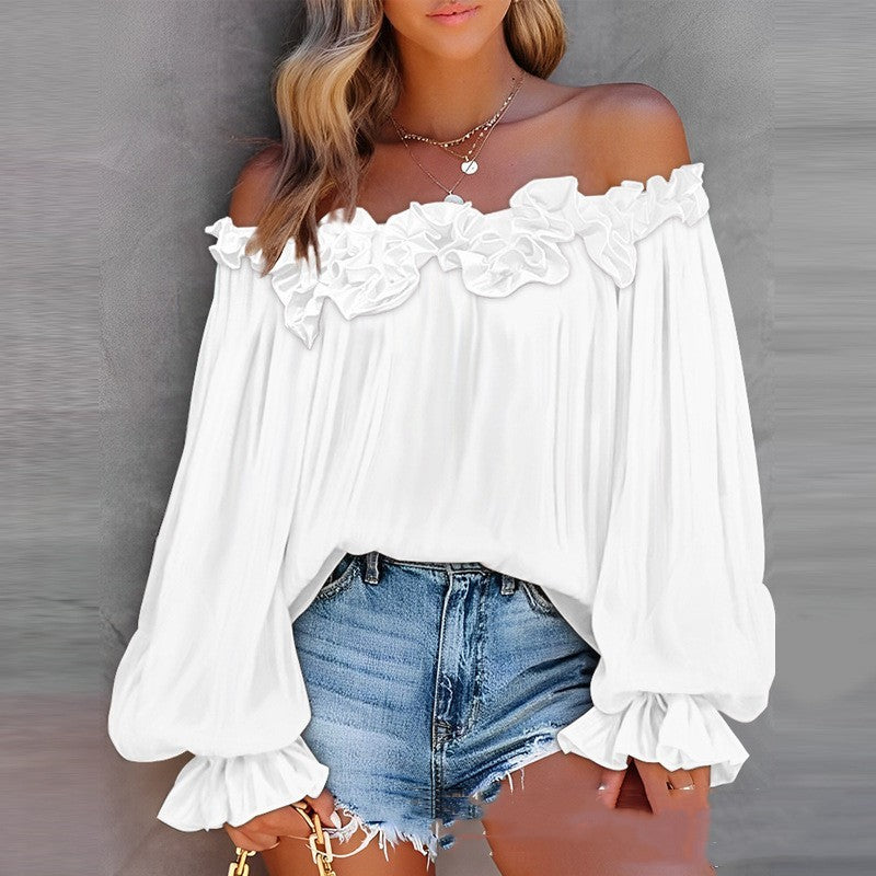 Off-shoulder Top Met Lange Lotusbladmouw En Ruches Halslijn
