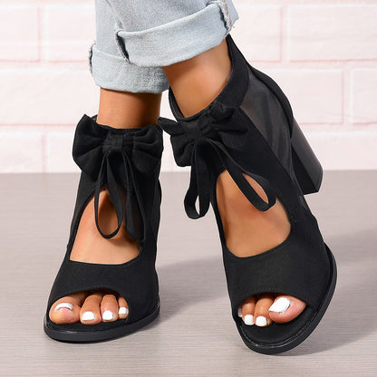 Womens Chunky Heel Sandals with Bow Suede High Heels Hollow Sandals