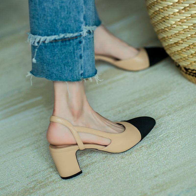 Womens Soft Leather Color Block Sandals with Square Toe