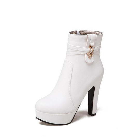 Women Chunky Heel Ankle Boots Side Zipper Rhinestone Short Boots