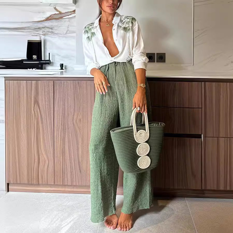 Spring and Autumn New Printed Long Sleeve Single Breasted Long Pants Set INS Casual Loose Two-piece Set