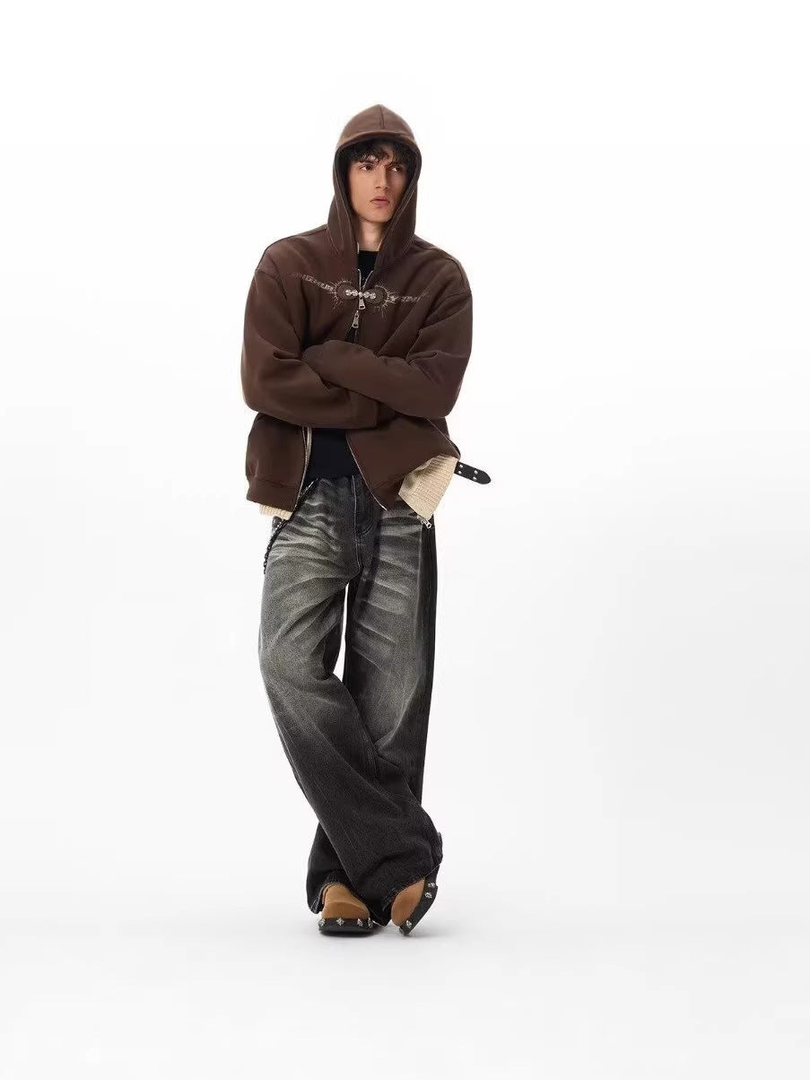 Mens Retro Washed Black Straight Leg Jeans