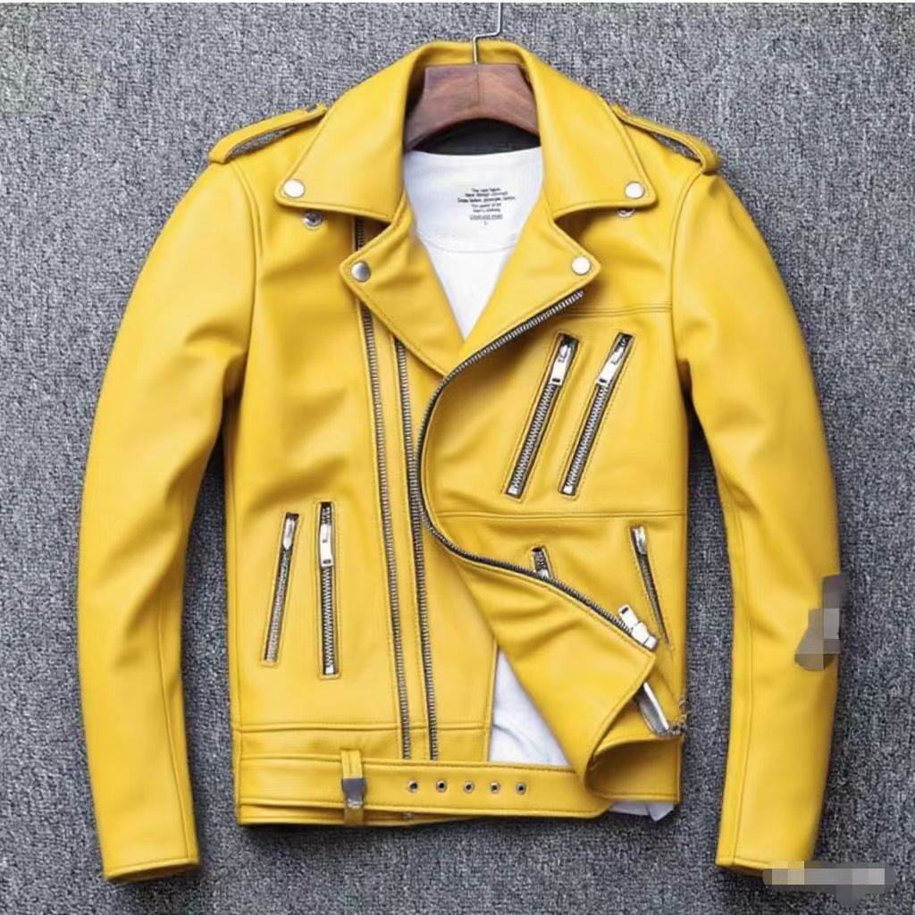 Men's leather jacket with water-washed finish, motorcycle-style men's leather jacket