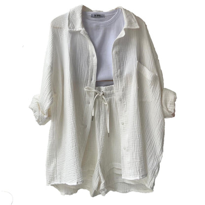 Wrinkled collar long sleeved shirt high waisted drawstring shorts two-piece set