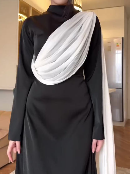 Contrasterende kleur sjaal taille lange mouw maxi-jurk